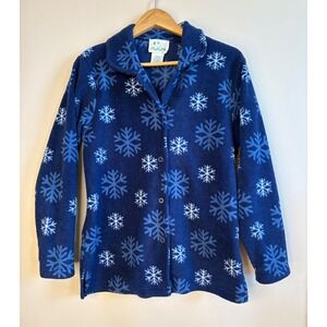 The Quaker Factory Fleece Shaket Jacket Navy Blue Snowflake Print Women Small